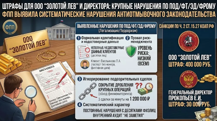 Федеральная пробирная палата выявила нарушения ПОД/ФТ в ООО «Золотой Лев»