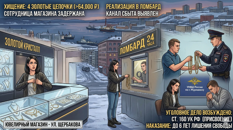 В Мурманске сотрудница ювелирного магазина украла золотые цепи на 64 тысячи рублей и сдала их в ломбард